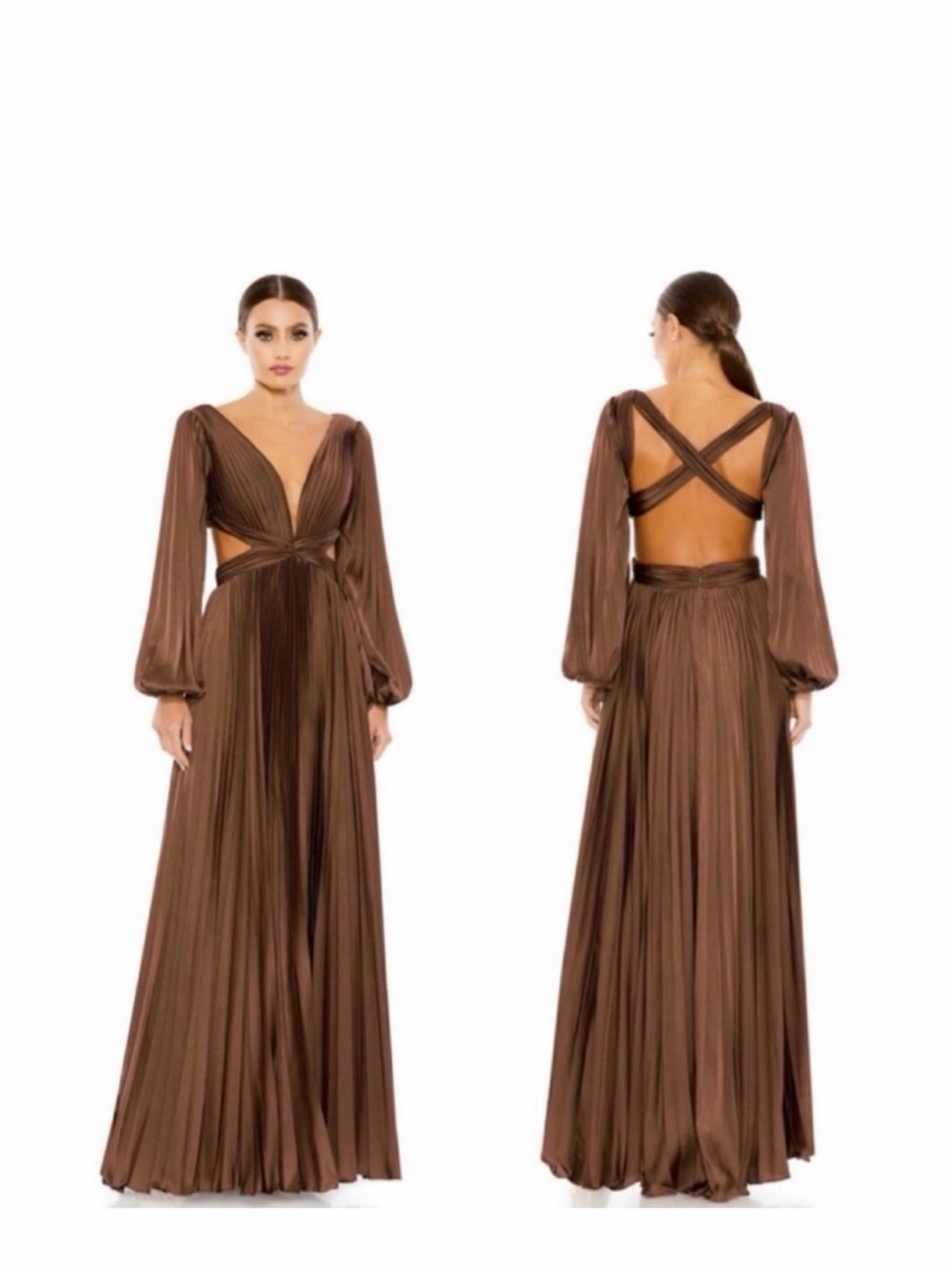 Brown Pleated Maxi Dress with Cutout and Crisscross Back